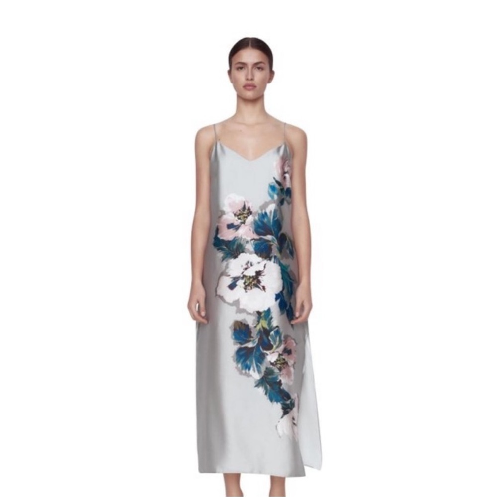 Zara Floral Satin Effect Slip Midi Dress Grey Silver XS